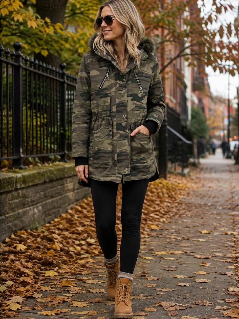 Express Jacket Green Camo Hooded Faux Fur Zip Removable Liner Womens Medium